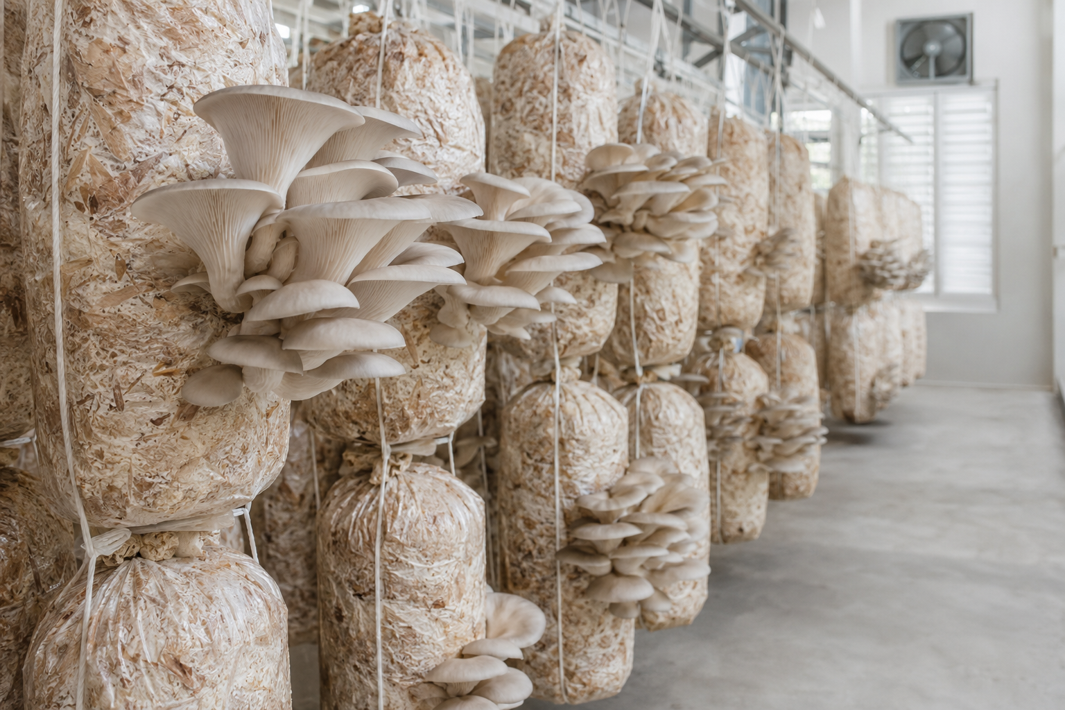 Oyster mushroom grow bags fruiting inside a clean cultivation room