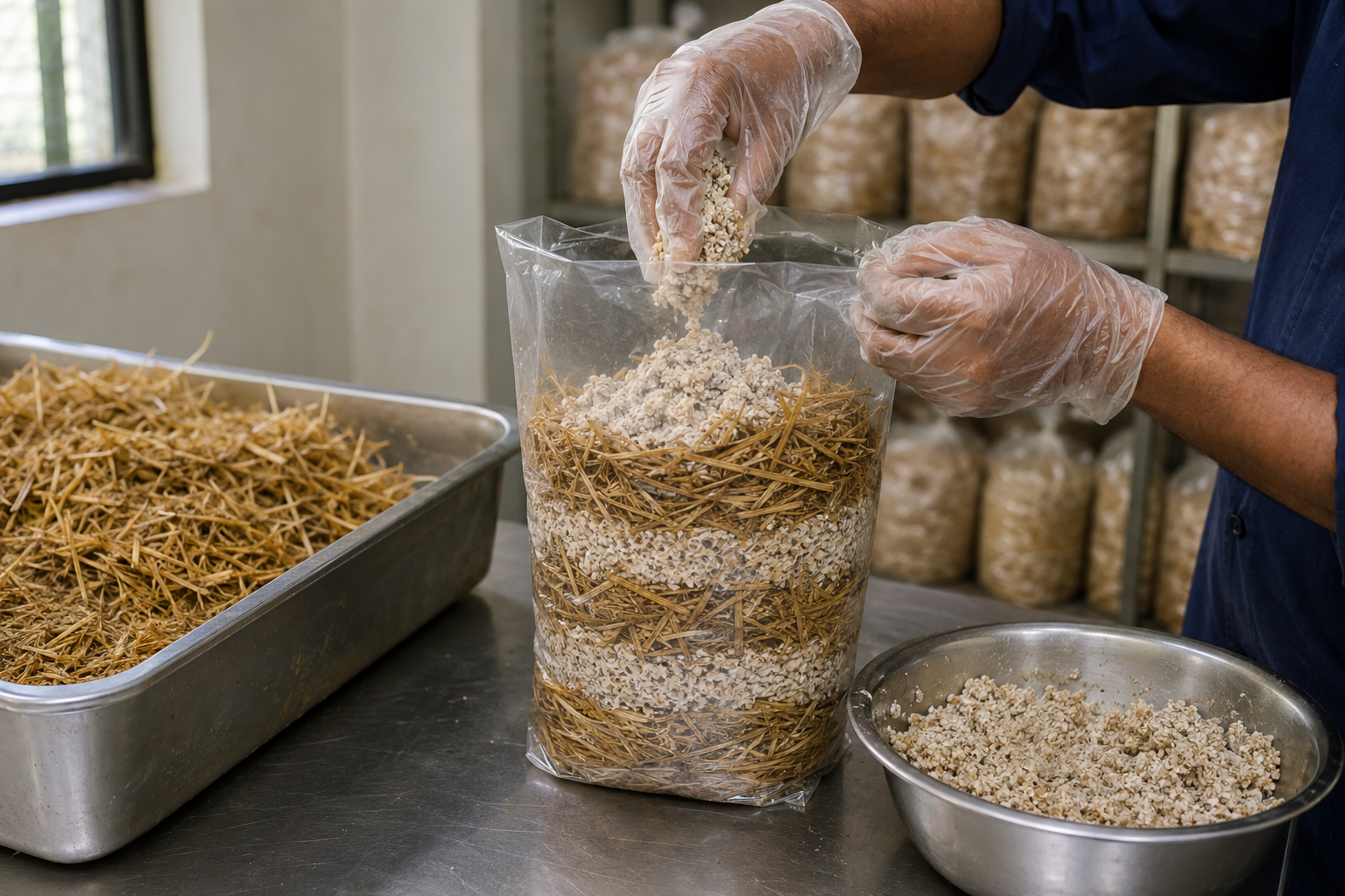 Gloved worker layering straw and mushroom spawn in a transparent grow bag