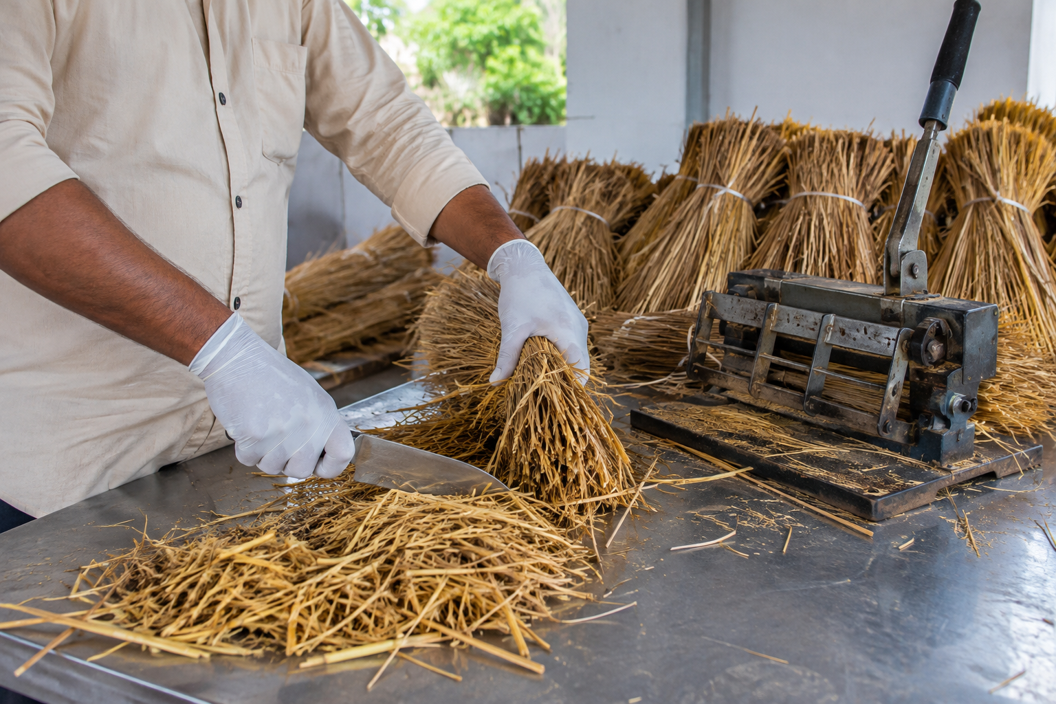 Gloved worker selecting and chopping clean golden straw for oyster mushroom substrate