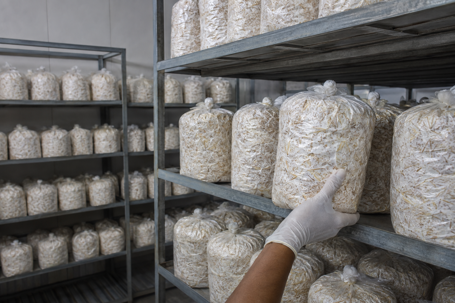 Fully colonised oyster mushroom substrate bags being inspected on incubation racks