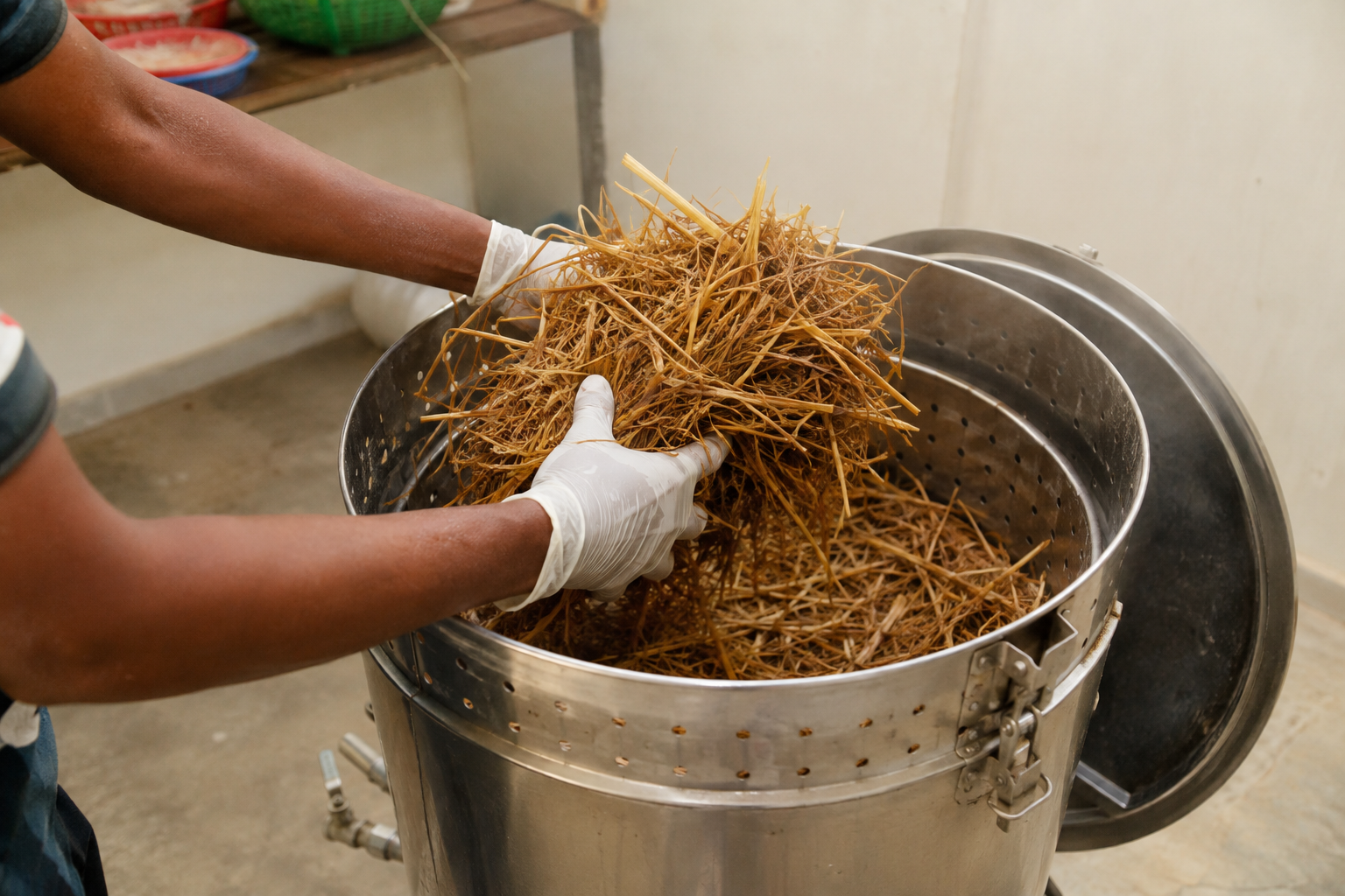 Gloved worker loading chopped straw into a stainless-steel pasteurisation basket